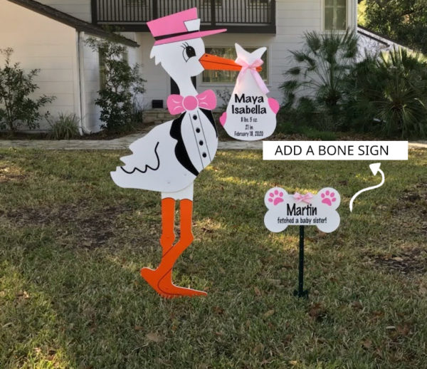 Pink Stork and Bone Sign - Fox Cities Storks and More - Stork Sign Rental, Phoenix , AZ