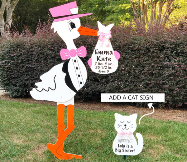 Pink Stork and Cat Sign - Fox Cities Storks and More - Stork Sign Rental, Phoenix , AZ